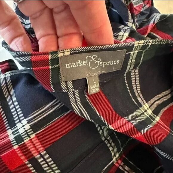 Market & Spruce Women’s Large Plaid Rayon Tunic Top Navy Red Long Sleeve - Picture 4 of 5